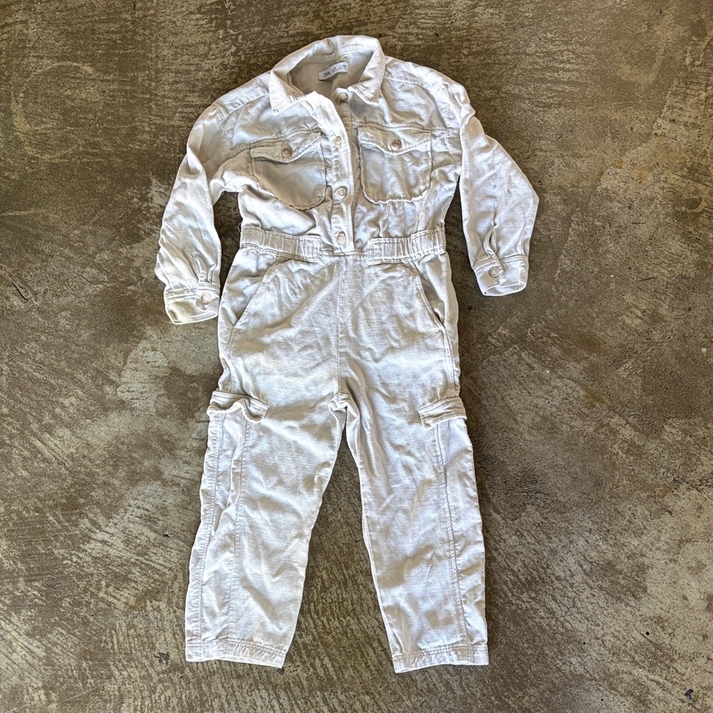 Zara girls micro corduroy Light Stone Utility Jumpsuit